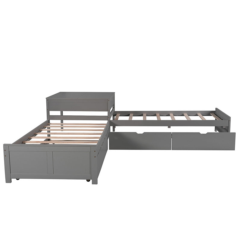 L-shaped Platform Bed with Trundle and Drawers Linked with built-in Desk, Gray