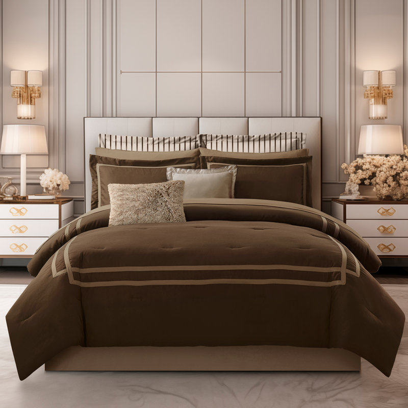 Wonderful Hotel Flannel Comforter Bedding Set, King Comforter + 7 Additional Pieces, Cocoa Brown