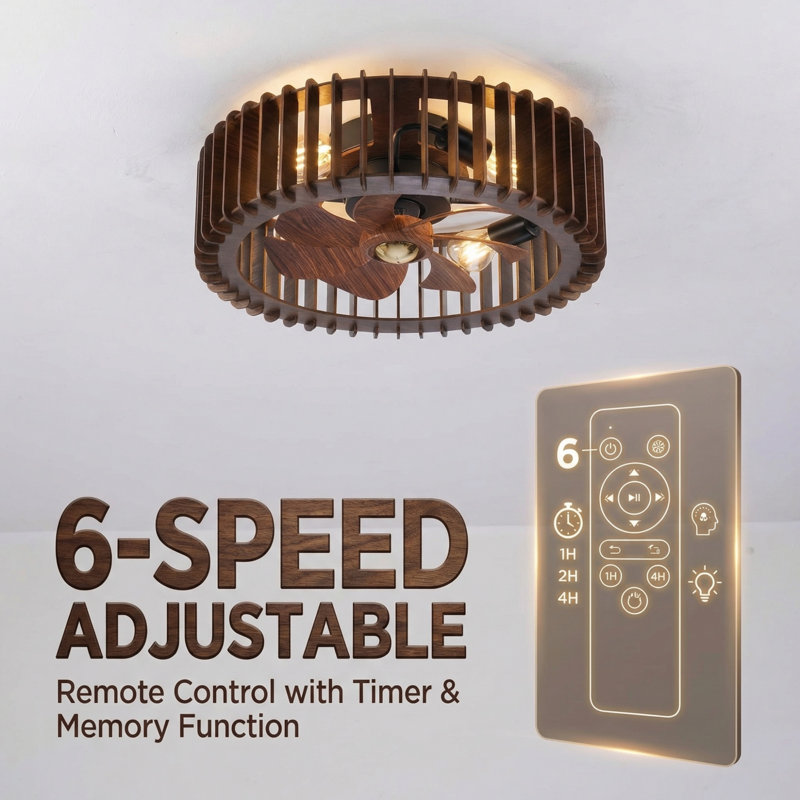 20-Inch Modern Recessed Fan Light, Ceiling Fan With Lighting Function (Bulb Not Included) And Remote Control — Wood Finish