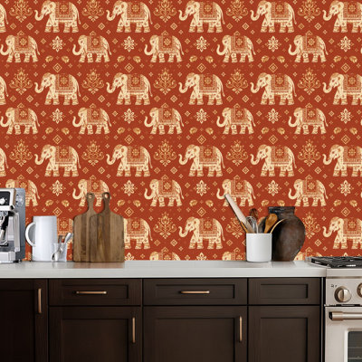 Peel and Stick Wallpaper Seamless Tribal Ethnic indian Elephant Thai elephant paisley hamsa Contact Paper Removable Self Adhesive Wall Mural Wall Decor for Bedroom Kitchen Cabinets 24in x 118in