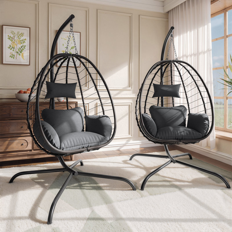 Fauteuil suspendu Kyus avec support, balançoire en osier de rotin PE, coussins imperméables (ensemble de 2), Gris
