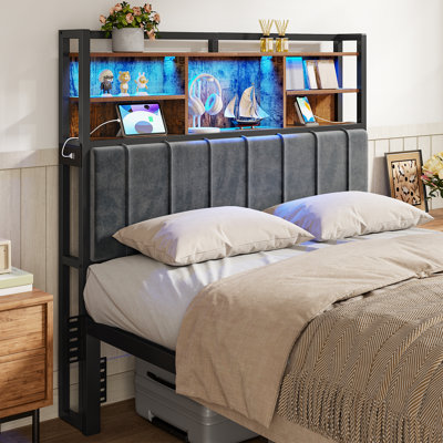 Headboard with 3-Tier Storage Shelves, Velvet Upholstered Head Board with 2 Outlets, USB Ports & LED Light, Soft Backrest