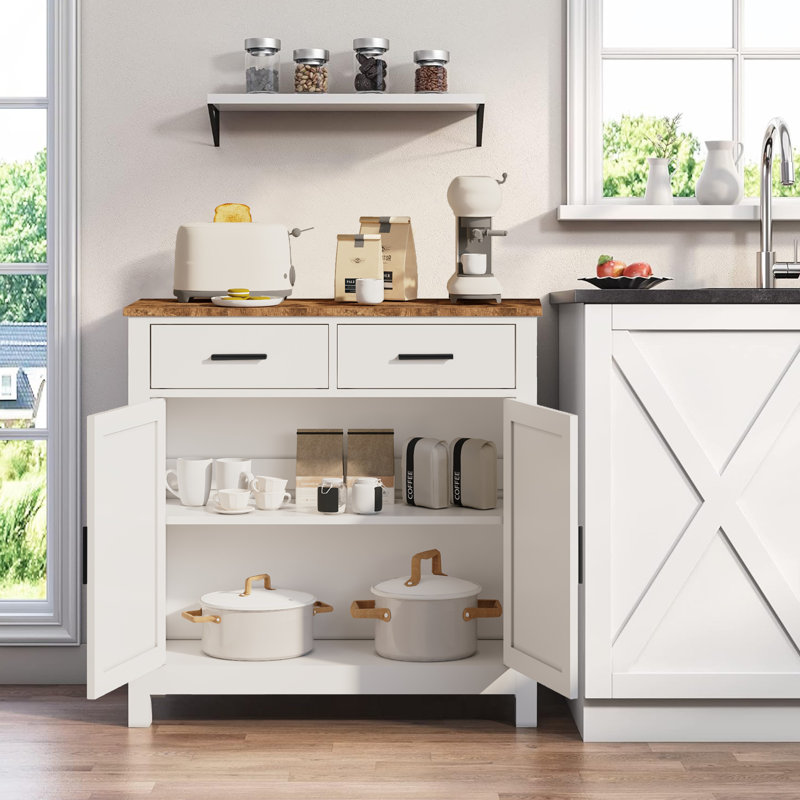 Buffet de style champêtre, 80 cm L x 29 cm P x 80 cm H, panneaux de particules, meuble de rangement blanc monobloc avec 2 tiroirs et 2 portes, capacité de charge de 50 kg