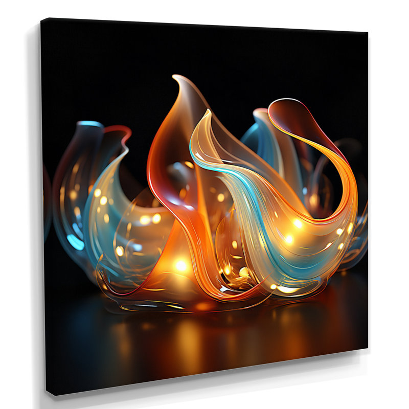 Feu, vagues d'eau, bleu et orange - formes modernes abstraites, art mural, Toile tendue, H 16 po x l 16 po