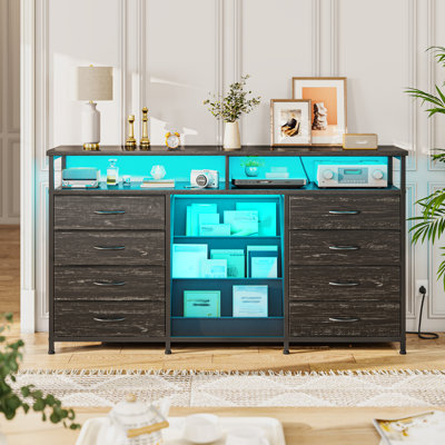 55"w Bookrack Media Dresser With Led Lights & Power Outlets - 8-drawer Fabric Storage Cabinet For Bedroom/living Room, 55.1" Wx13.8" Dx37.8" H by Wrought Studio