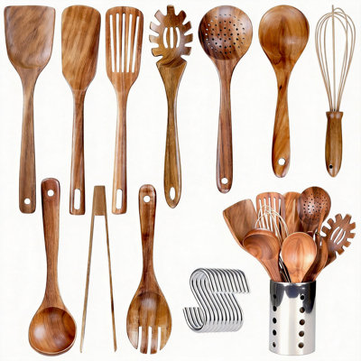 11 Pcs Cooking Utensil Set,wooden Kitchen Utensils Set,include S Hooks For Hanging