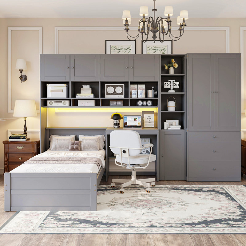 Lit plateforme simple en bois avec bureau, armoire, armoires, tiroirs et tablettes, Gris