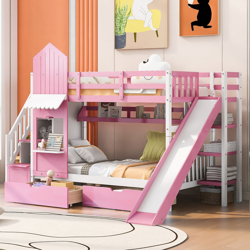 Lit superposé de style château avec 2 tiroirs, 3 tablettes et glissade, Simple sur simple, Rose