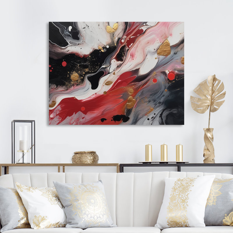 Red and Black Marble Whispers III - Art mural abstrait en marbre, Toile tendue, H 24 po x l 32 po x P 1 po
