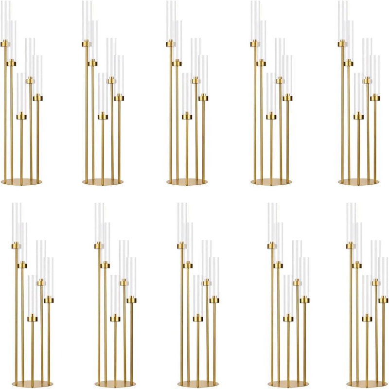 10Pcs Gold Floor Candelabra,5 Arm Candle Holder Tall Floor Candle Holder With Acrylic Lampshade For Wedding Table Birthday Party Home Decoration Fit Led Taper Candles