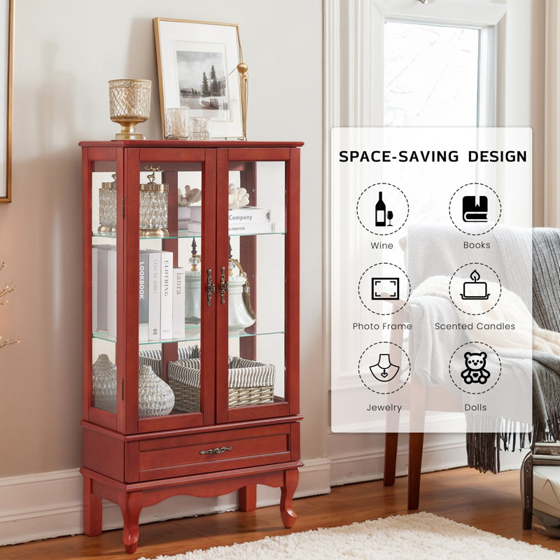  52" Lighted Curio Cabinet with Drawer, Vintage Glass Curio Showcase with 3-Tier Adjustable Shelves & Mirrored Back Panel, Light Blub Included, Wooden China Cabinet with Tempered Glass Doors for Living Room, Bedroom, Dining Room