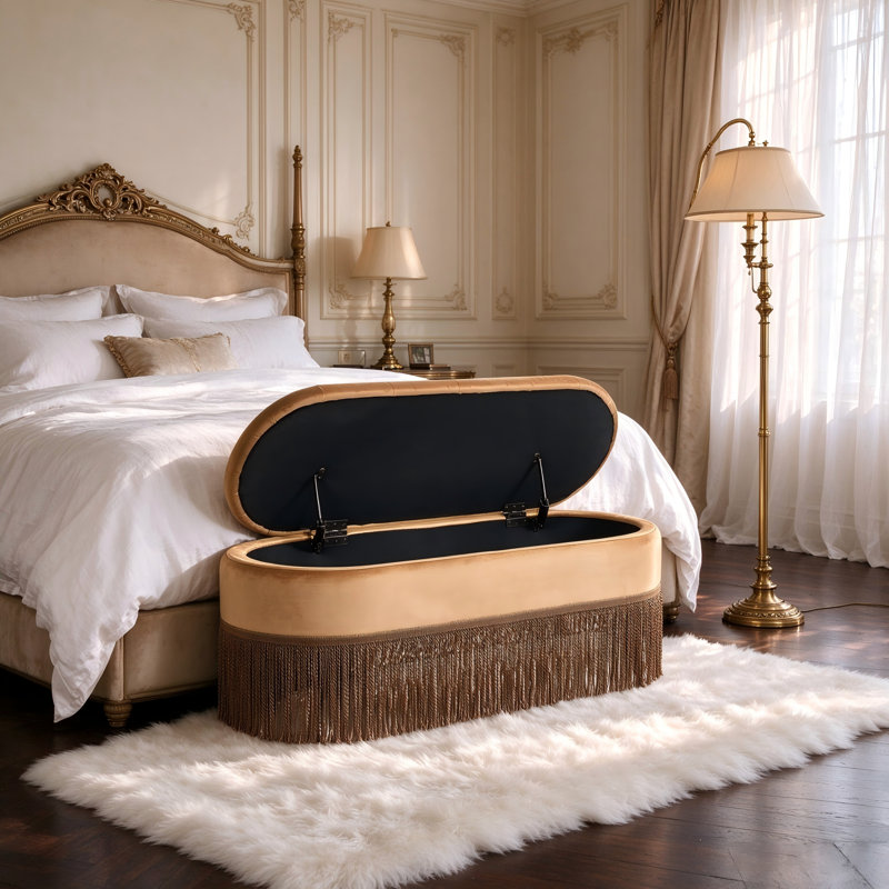 Banc de rangement ovale rembourrÃ© Ã  franges, Brown