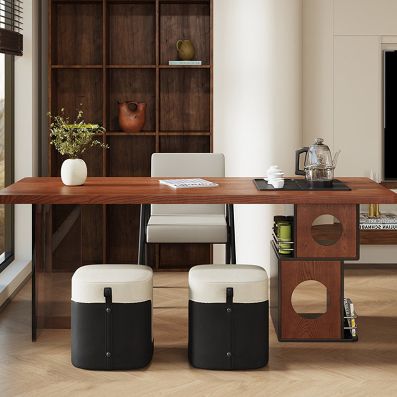 Bureau à thé et à écriture de style chinois naturel en bois naturel, conception asymétrique avec bois de pin et acrylique, plateau à thé intégré, compatible avec cuisinière à induction, avec système de drainage et de rangement, table de bureau multifonctionnelle