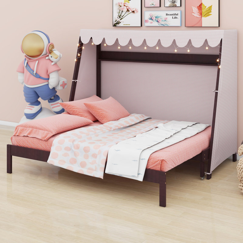Lit pour enfant avec lit gigogne, tente, tablette et lumière, Espresso
