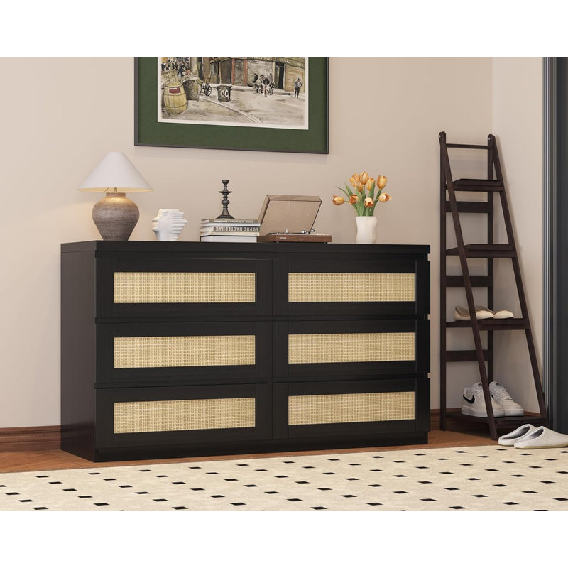 Commode 6 tiroirs en rotin, commode double moderne avec façade tissée pour la chambre à coucher et le salon