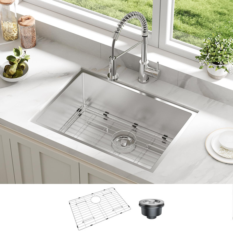 Évier de cuisine encastrable 27 po x 19 po x 10 po, cuve simple en acier inoxydable avec grille inférieure et ensemble de drain (sans robinet)