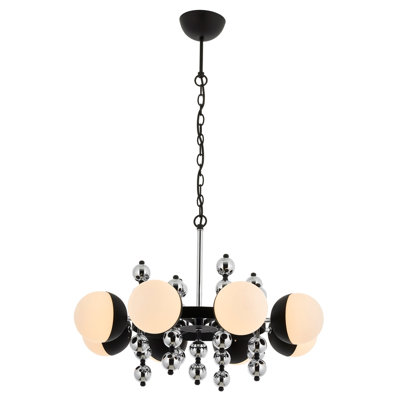 Superbe lustre moderne, finition noire et chrome, 27,6 po x 41,3 po | Corps en métal avec capuchon en verre, 8 x douilles E27 (40 W maximum) | Éclairage de maison élégant pour le salon, la salle à manger et le vestibule, design glamour