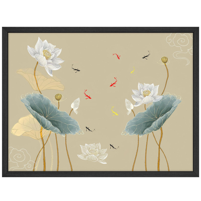 Delicate Lotus Flowers and Playful Koi Fish in Asian-Inspired Design Prints Rustic Framed Poster, 11" H x 14" W, Black