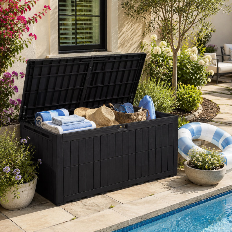Edrosie Inc 240 Gallons Water Resistant Resin Deck Box with Combination Lock,Black, Black, 240