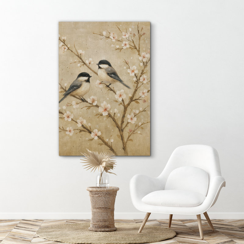 Chickadee Birds on Blooming Branches in Soft Neutral Tons - Art encadré sur toile, H 36 po x l 24 po x P 1,5 po, Toile tendue
