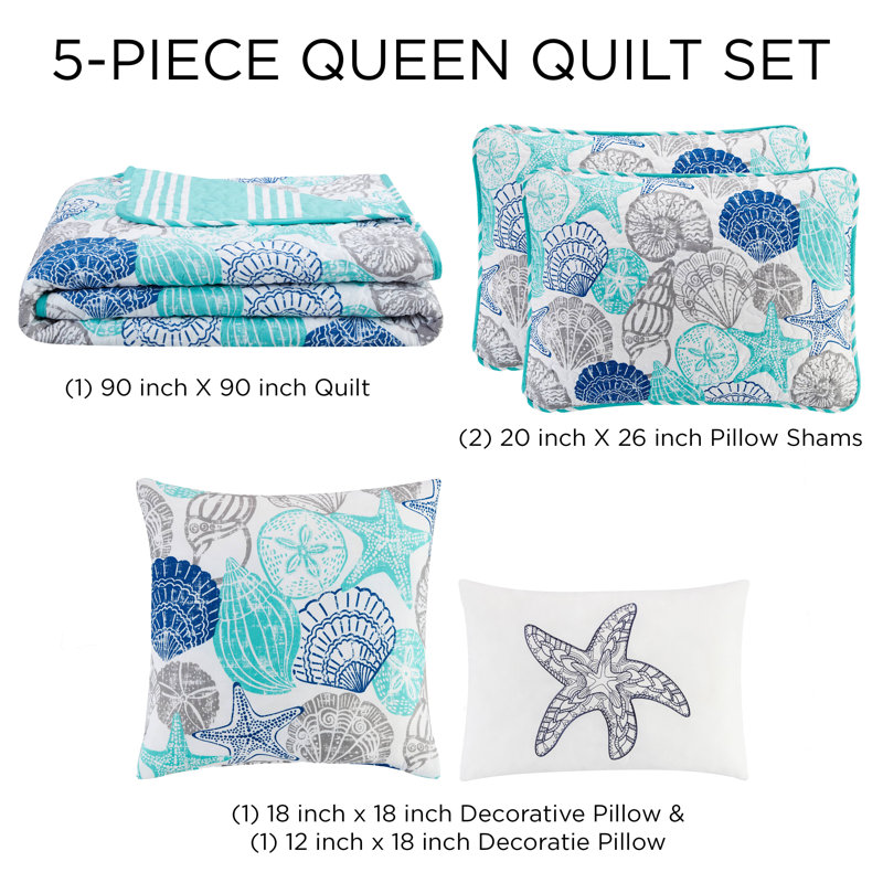 Kai Coastal Quilted Striped Quilt, Queen Quilt + 2 Queen Shams