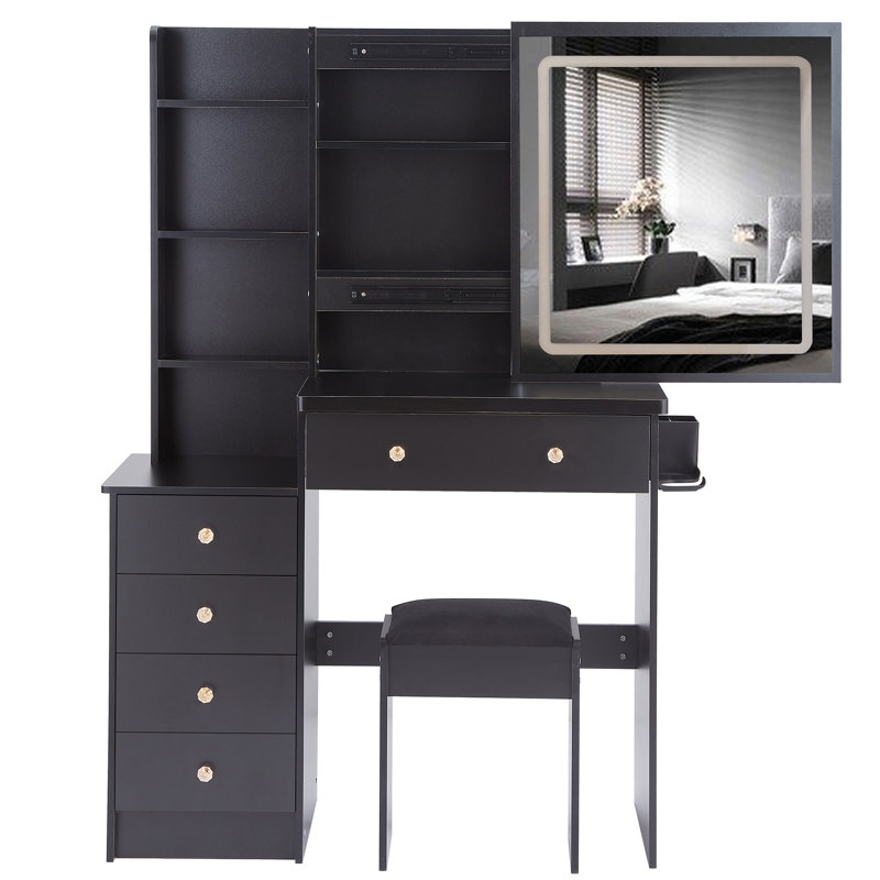 37" Left Bedside Vanity Table Dresser Set With Cushioned Stool, Charging Station (2 AC + 2 USB), Hair Dryer Holder, And Large Touch Control LED Sliding Mirror With 3-Color Switch | Gift Idea