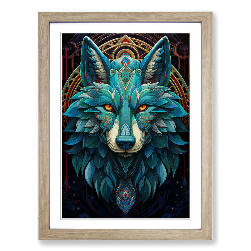 XYZ-FRM-V1223-1688 Wolf Art Deco No.2 - Single Picture Frame Print on Wood, Oak, 34cm H x 25cm W x 2cm D