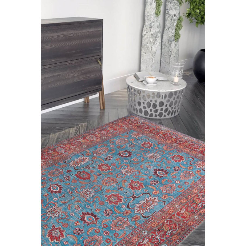 Tapis bourgogne décoratif bleu, Rectangle 3 pi 10 po x 5 pi 3 po