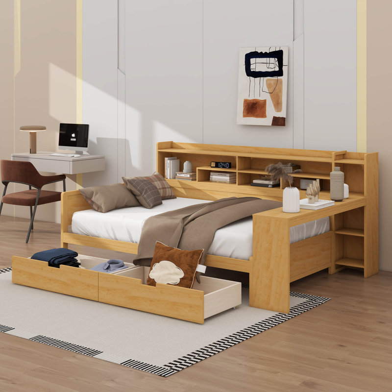 Lit de jour double avec tablettes de rangement, lit multifonctionnel avec deux tiroirs de rangement, Natural