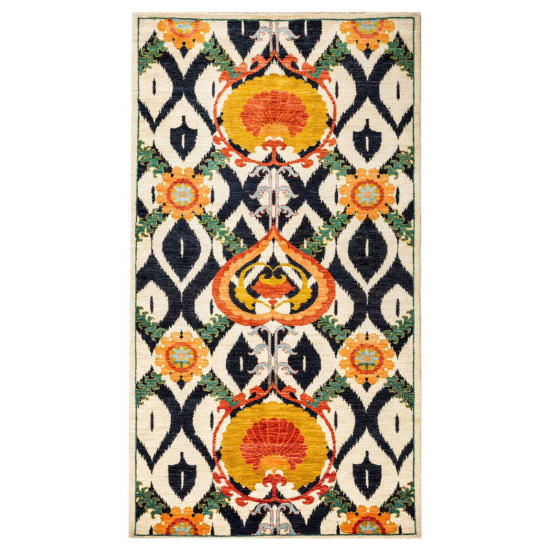 Suzani Ikat Pattern Ethnic Multicolor Patterned Decorative Rug, Runner 3'3" x 6'7" Rug Pad Included