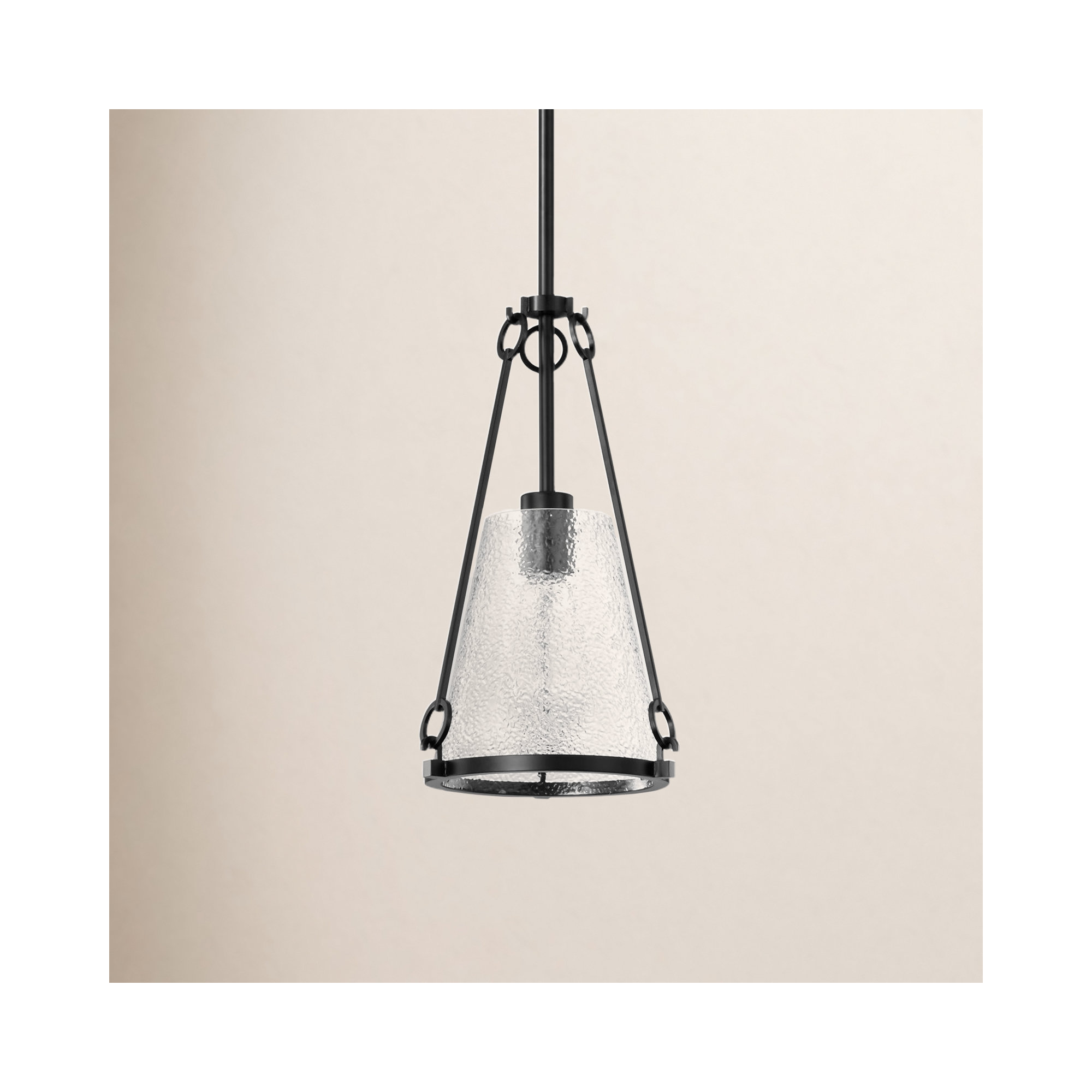 Valentine - Small Pendant - Vintage Brass Finish - Hammered Glass, 14.5" H x 8" W x 8" D, Black
