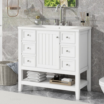 Ensemble de meuble-lavabo 36 po avec lavabo, une armoire et trois tiroirs, bois massif et panneau de fibres à densité moyenne