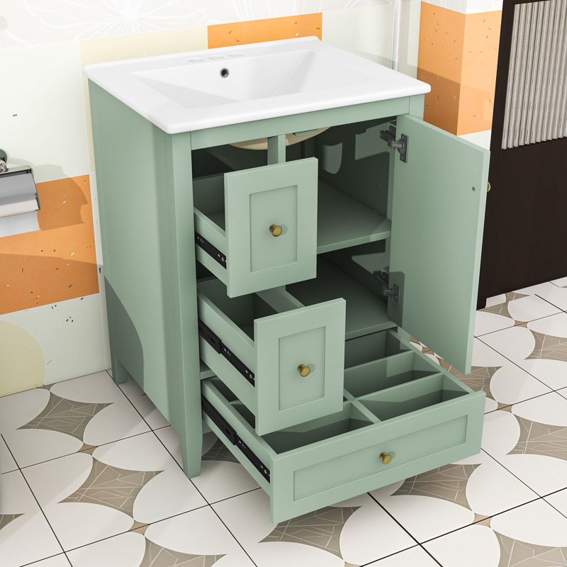 Armoire de meuble-lavabo 24 po avec tablette réglable et 3 tiroirs, Vert, Doré