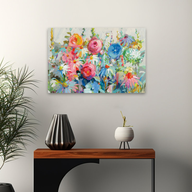 Art noir et bleu avec toutes les fleurs vives, H 16 po x l 24 po