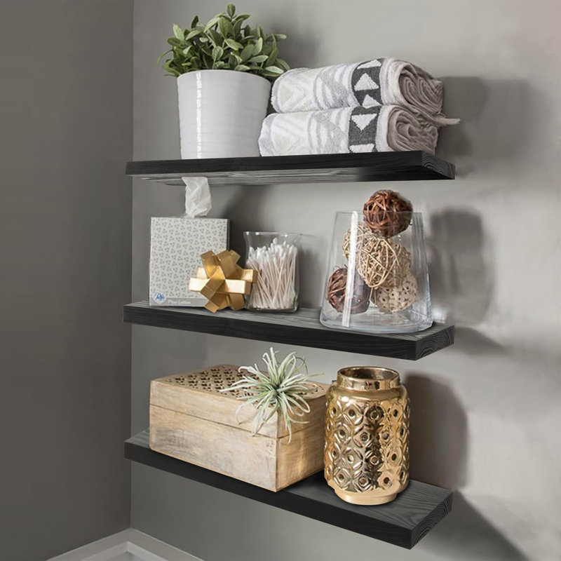 Ensemble de 3 tablettes flottantes en bois massif, Noir