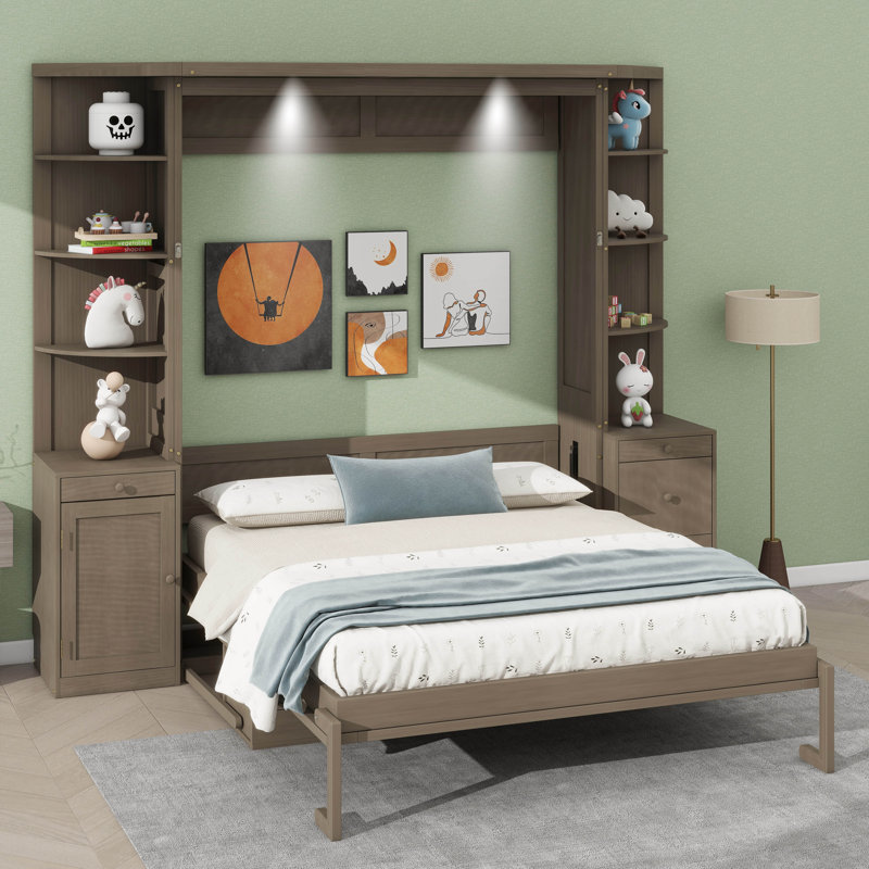 Grand lit escamotable avec bureau intégré, tablettes de rangement et armoires, Gris
