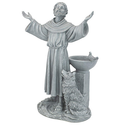 Francis of Assisi Blessing Religious Garden Statue with Bird Bath & Feeder, 19 Inch Tall, Cast Stone Resin, Gray Stone Finish