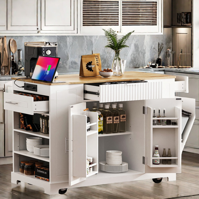 Bickley With Tilt-out Trash Can, Power Outlet, Internal Storage Rack, 3 Drawers And 3 Open Side Racks, White