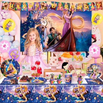 Décorations de fête d'anniversaire Rapunzel, 112 pièces d'articles de fête Rapunzel et ensemble de vaisselle pour enfants Raiponce