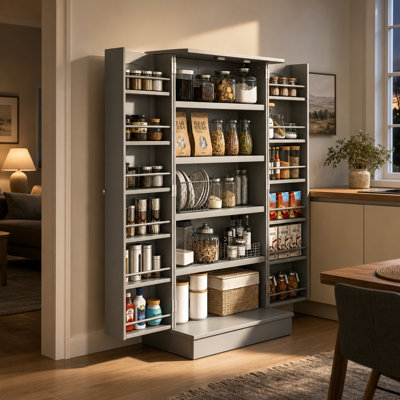 41.31 Inch Gray Freestanding Kitchen Pantry Cabinet 5 Tier Storage 12 Door Spice Racks Two 3 Level Adjustable Shelves Magnetic Doors Stainless Steel Hinges Paint Finished MDF and Particle Board 143 lb Total Capacity Designed for Easy Assembly