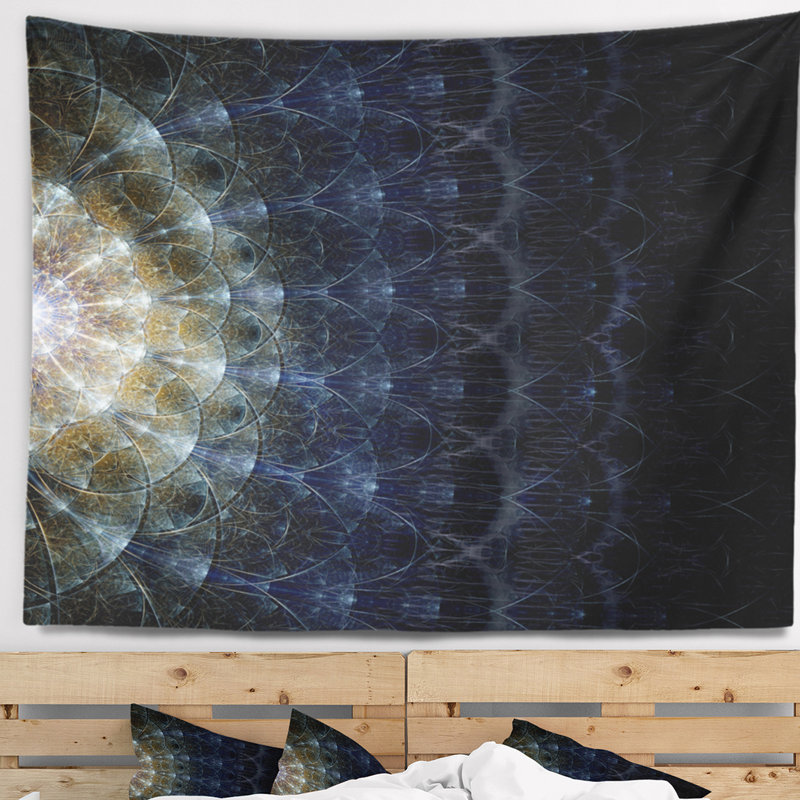 Résumé symétrique bleu argent fractale fleur tapisserie, H 32 po x l 39 po