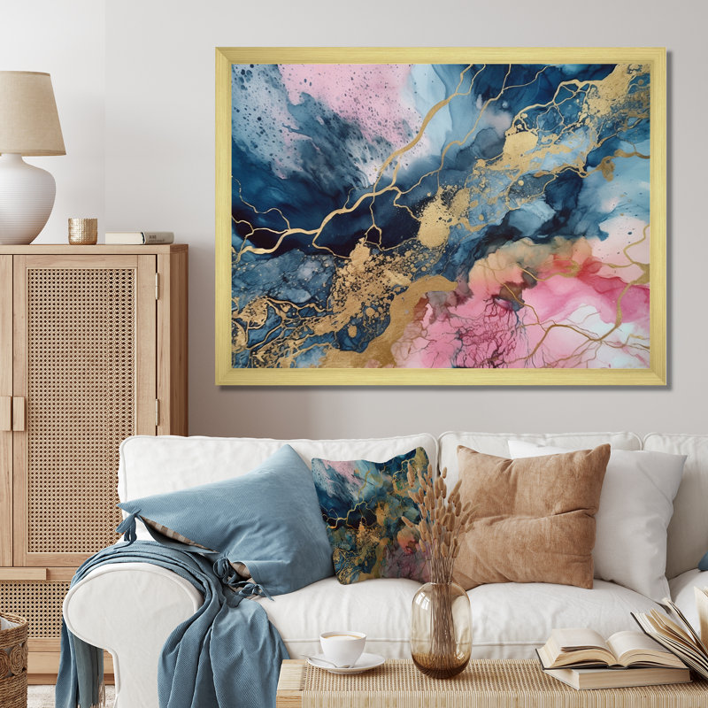 Exploration des profondeurs de la géode rose IV - art mural abstrait en marbre, Cadre doré simple, H 16 po x l 32 po x P 1 po