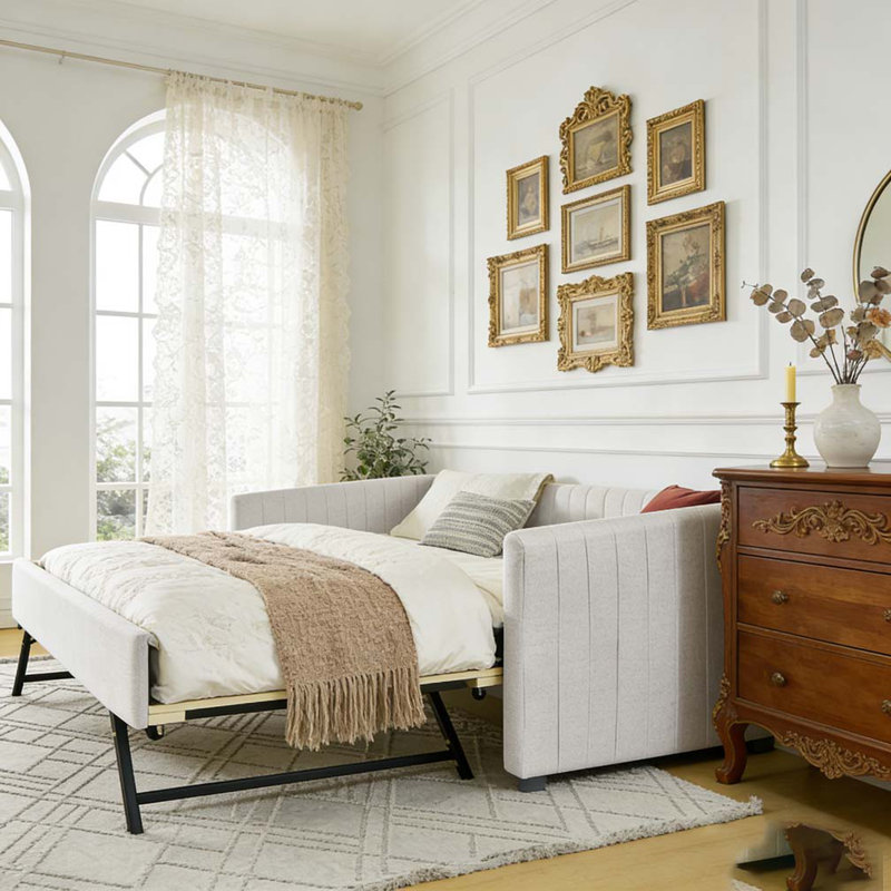 Lit de jour double avec canapé-lit rembourré avec rayures verticales, tissu en lin, beige, Complet/Double, Beige