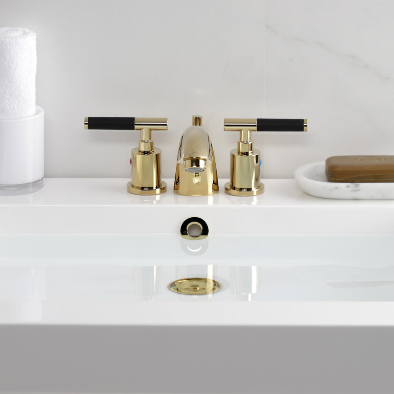 Kingston Brass Kaiser Two-Handle 3-Hole Deck Mount Mini-Widespread Bathroom Faucet with Pop-Up Drain, Polished Brass