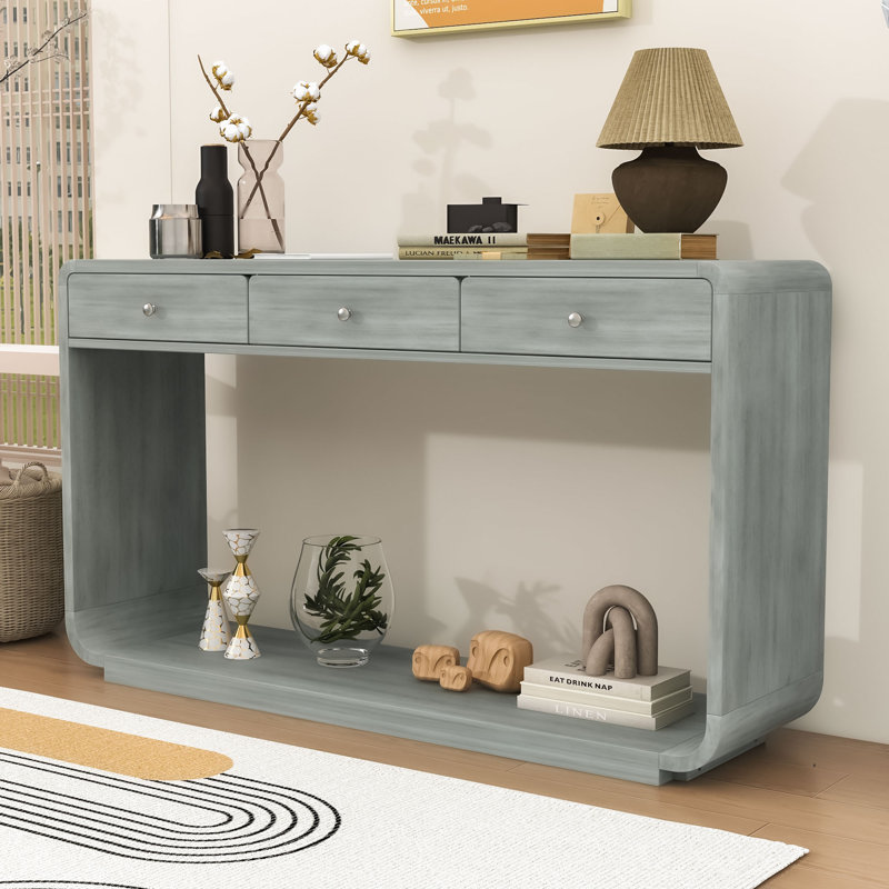 Console élégante en bois moderne avec pieds et tiroirs courbés, Naturel