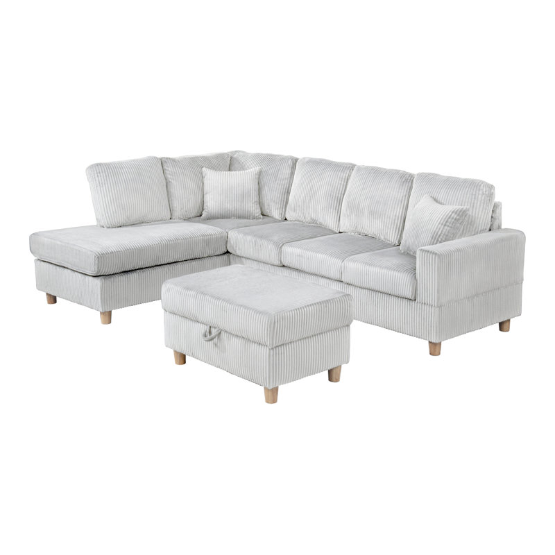 Canapé modulaire réversible en velours côtelé 3 pièces avec méridienne, table rabattable et repose-pieds avec rangement