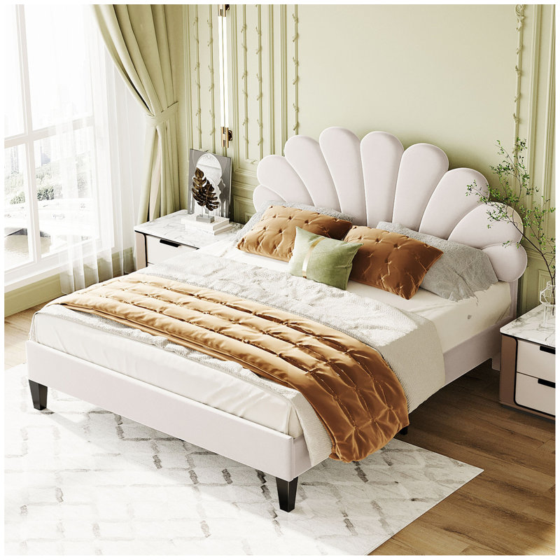 Lit plateforme tapissier avec tête de lit en velours à motif floral, Beige, Grand lit