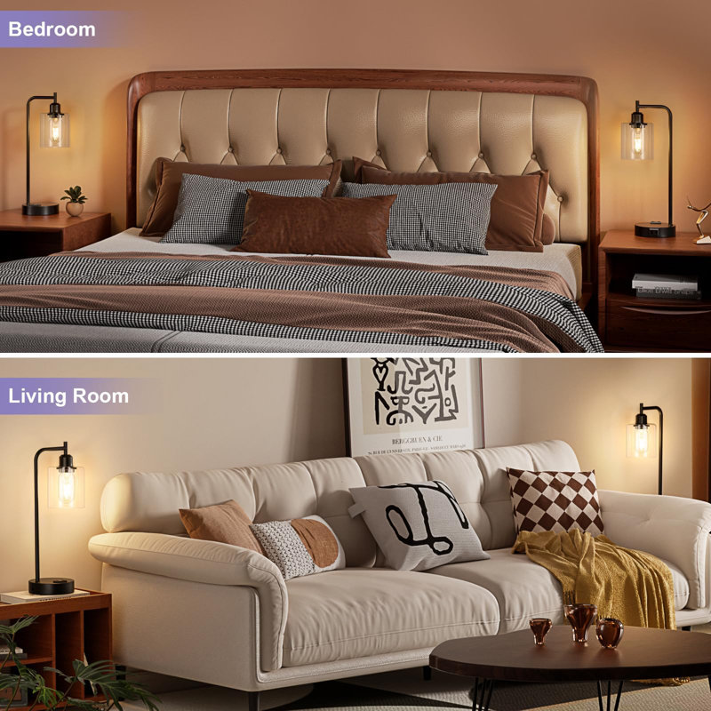 Black Industrial Touch Table Lamps Set with Glass Shade