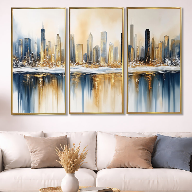 «Chicago Winter Cityscape - Blue Skyline», art mural encadré 3 pièces, H 40 po x l 60 po, Cadre flottant doré