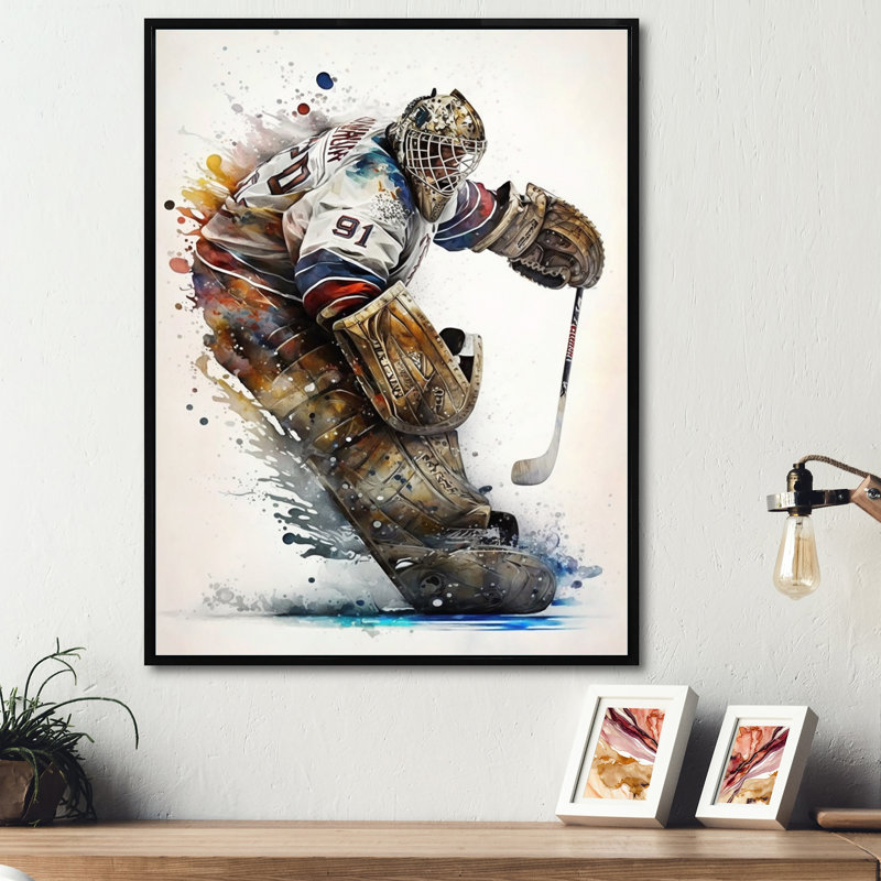 Gardien de but pendant le jeu IV - Impression sur toile, H 20 po x l 12 po x P 1 po, Toile avec cadre flottant noir